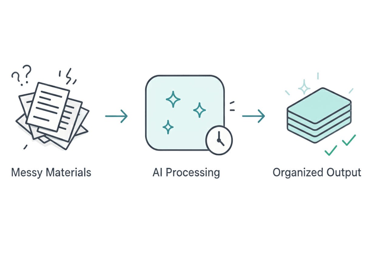 Diagram showing three steps: messy materials being processed by AI, then organized into structured output